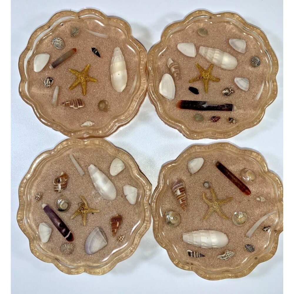 Vintage Beach Sand Seashell Shell Lucite Coasters Set Of 8 Beach Coastal